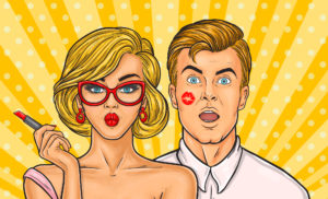 Vector pop art illustration of sexy woman with red lipstick kissed a man